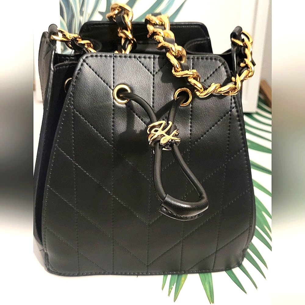 NEW Karl Lagerfeld Bucket Fatina Crossbody Shoulder Bag Black Gold - Picture 3 of 10
